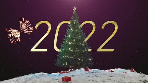Golden 2022 New Year Celebration with Christmas Tree and Fireworks