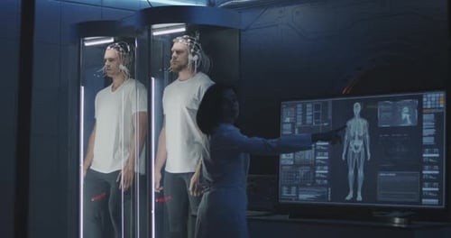 Two Men in Futuristic Scanners, Woman Analyzing Data