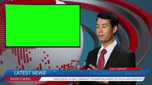 News Studio With Sild View Of Asian Male Anchor Reporting On A Story, Uses Green Chroma Key Screen