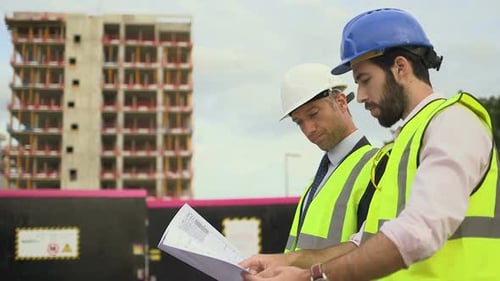 Construction Workers Reviewing Plans at Building Site