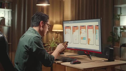 Asian Male Mobile Application Developer Works And Using Mobile Phone With Graphics On Computer