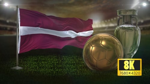 Latvian Flag Waving with Soccer Ball and Championship Trophy