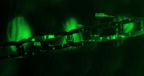 Animation d'une interface informatique numérique avec traitement de données et chaînes de maillons