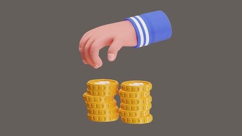 3D Cartoon Hand Stacking Gold Coins Animation