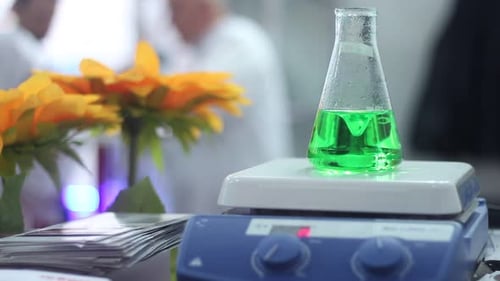 Beaker with Green Liquid on Magnetic Hot Plate