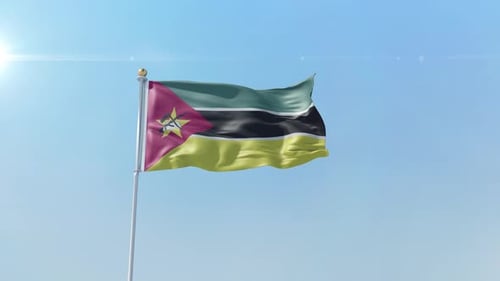 Realistic Mozambique Flag Waving Against Blue Sky