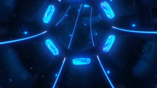 Fly in Futuristic Sci-Fi Spaceship Tunnel of Blue Neon Glow Lights - 1080p