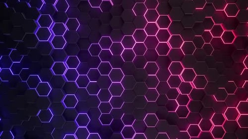 Glowing Hexagon Grid Background with Neon Purple and Pink Lights
