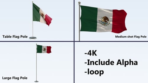Waving Mexican Flag on Three Different Sized Flag Poles