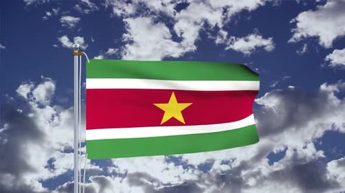 Suriname National Flag Waving in the Wind with Sky Background