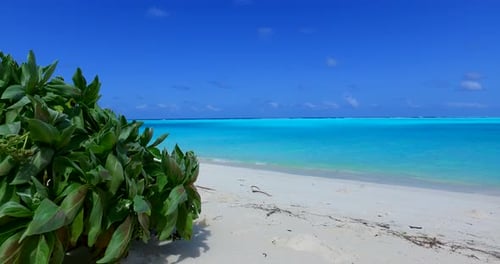 Natural fly over travel shot of a sandy white paradise beach and aqua blue ocean background in hi re