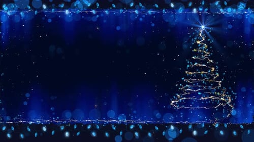 Animated Blue Christmas Tree with Festive Lights Background