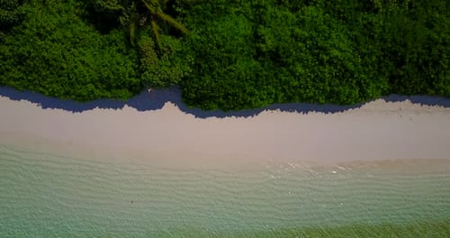 Daytime flying abstract shot of a summer white paradise sand beach and blue sea background in colorf