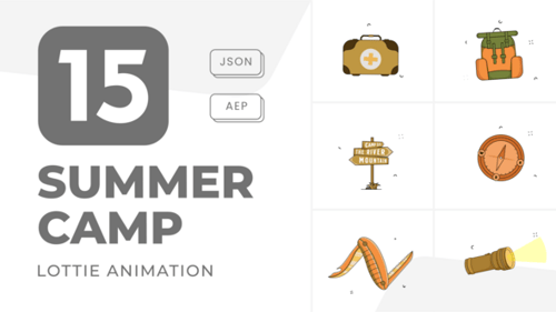 15 Summer Camp Animation Icons. Set Bundle of Camping Tools Animated