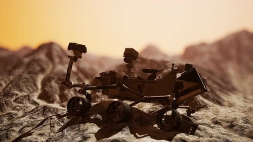 Mars Rover Explores a Rocky Alien Planet Landscape