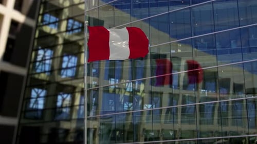 Waving Peru Flag Animation in Front of Modern Glass Office Building