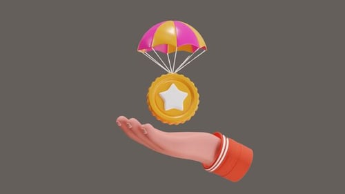 3D Hand Catching Parachuting Star Coin Animation