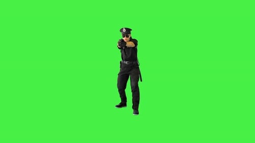 White Policeman Gets the Gun Out Gives Some Order Then Puts the Gun Back on a Green Screen Chroma