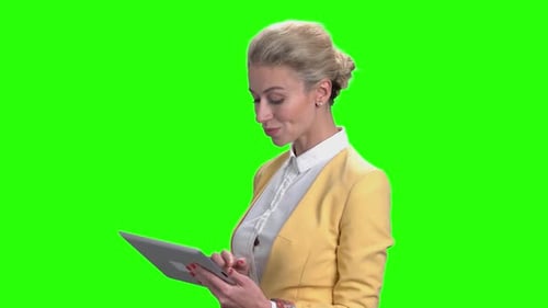 Cheerful Business Lady Using Pc Tablet.