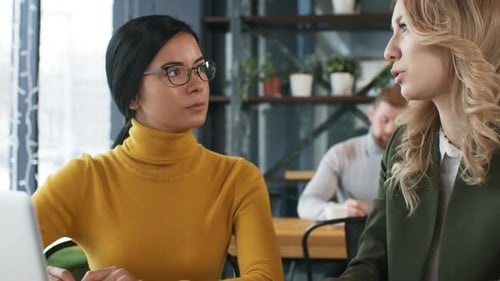 Colegas discutiendo plan de negocios en laptop en café