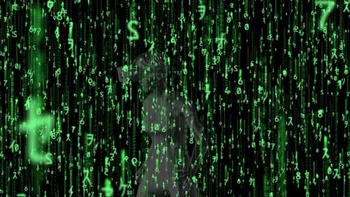 Futuristic VR Person in Digital Rain Code Technology Background