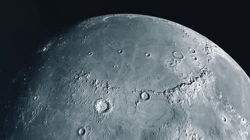 Detailed Moon Surface Rotating in Dark Space with Craters