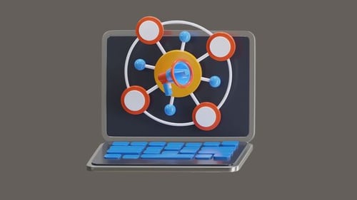 3D Animated Laptop with Marketing Network Icon Animation