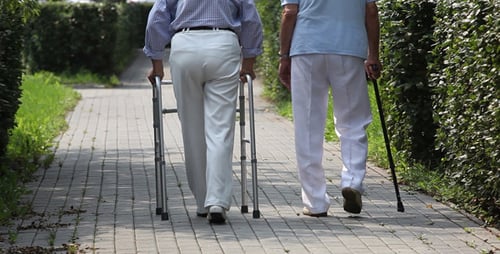 Senior Couple Using Cane and Walker on Path