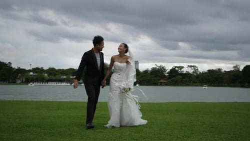 Slow motion Of Wedding Bride Happy Fun walking and running in the park