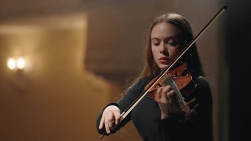 Inspired and Talented Woman Fiddler in Symphonic Orchestra on Scene of Music Hall
