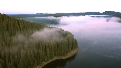 Fly over the morning fog over the mountain lake. Rodopi mountain Bulgaria