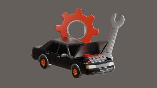 3D Animated Car Repair Icon with Wrench and Gear