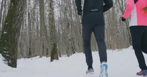 Positive Beautiful Young Healthy Couple Running with Sportswear Through the Forest in the Sunny