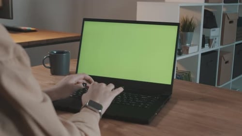 Girl in a Modern Office Working on a Laptop with Green Screen