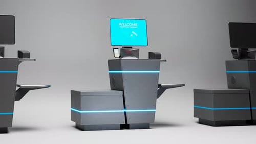 Self-service checkouts in the shop.Ready for scanning and paying for the items