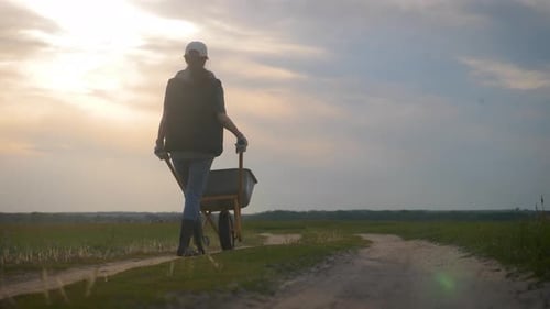 Woman Pulling Wheelbarrow in Rural Sunset Landscape