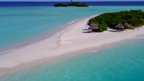 Drone landscape of resort beach by blue ocean and sand background