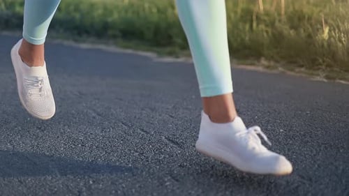 Closeup Fitness Female Legs Running on Track at Sunset Summer Park Enjoying Intense Cardio Training