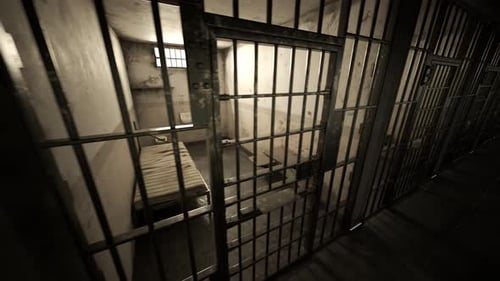 Endless footage of dark dirty cinematic single prison cell block. Side view.