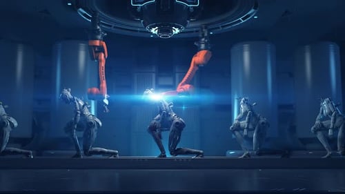 robot manufacturing corporation. conveyor belt animation at a robot manufacturing plant