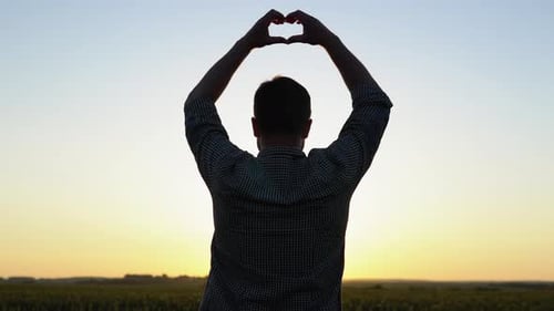Farmer with Raised Hands Standing in Middle of Golden Wheat Field During Sunrise and Sunset