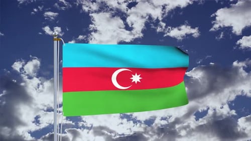 Realistic Waving Azerbaijan Flag Against Cloudy Sky