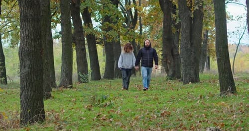 Glückliches junges Paar im Herbstwald geht die Wege entlang