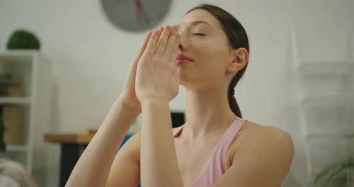 Close Up Portrait of Beautiful Young Woman Meditating with Closed Eyes Breathe Deeply and Showing