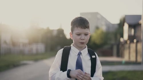 CU, Tracking: Portrait of Schoolboy, with Knapsack Behind His Back, in School Uniform. He Counts on