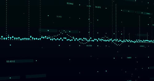 Blue dots and numbers moving against black background