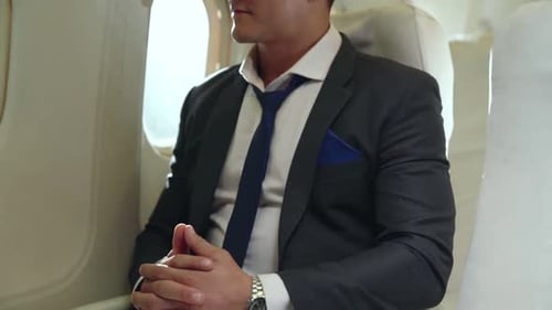 Traveling Businessman in Airplane Seat on Sunny Day