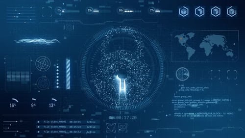 Blue security key with HUD background and futuristic technology abstract background