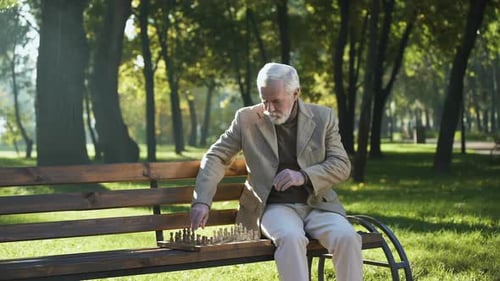 Old Thoughtful Man Playing Chess in Park Alone, Social Security for Pensioners