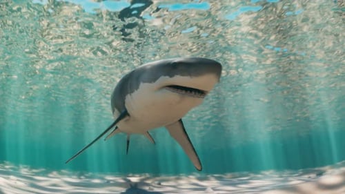 Seamless looping animation of a shark swimming in a beautiful shallow lagoon.